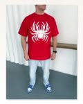 Erkek Örümcek Baskılı Tişört Kısa Kollu Bisiklet Yaka T-shirt Kırmızı