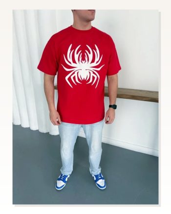 Erkek Örümcek Baskılı Tişört Kısa Kollu Bisiklet Yaka T-shirt Kırmızı