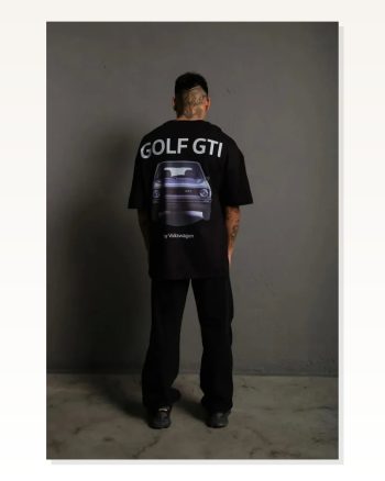 Erkek Baskılı Siyah Golf GTI Retro Araba Desenli, Ön Arka Dijital Baskı, Sokak Modası Stil Oversize Tişört