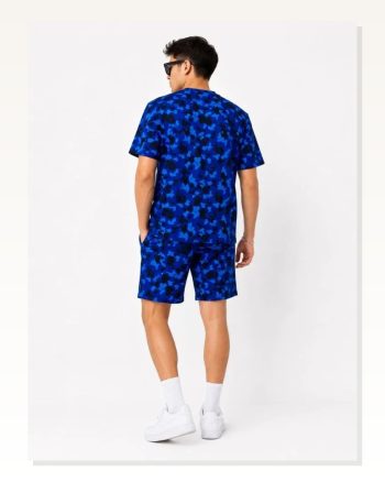 Erkek Oversize Kalıp Pubg Bape X Shark Nakışlı Cepli Şort Takım Mavi