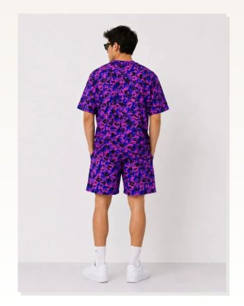 Erkek Oversize Kalıp Pubg Bape X Shark Nakışlı Cepli Şort Takım Mor