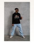 Erkek Baskılı Siyah Oversize Üç İplik İçi Pamuklu Kanguru Cepli Hoodie Rahat Kalıp Kışlık Günlük Kombinlere