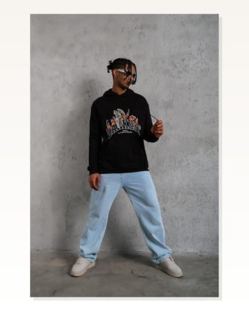 Erkek Baskılı Siyah Oversize Üç İplik İçi Pamuklu Kanguru Cepli Hoodie Rahat Kalıp Kışlık Günlük Kombinlere