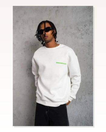 Erkek Sırt Baskılı Günlük Stil Beyaz Ön ve Üç İplik İçi Pamuklu Kumaş, Rahat Kalıp, Ribanalı Kışlık Sweat