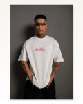 Arka Baskılı Erkek Günlük Stil – Beyaz 24/1 Penye Kumaş, Bisiklet Yaka, Ön – , Streetwear Tarzı Rahat Büyük Kalıp Tişört- Beyaz Oversize Tişört Marketplace