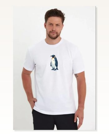 Erkek Sırt Baskılı Günlük Stil Beyaz Survivor Penguin Temalı, Felsefi Yazılı Bisiklet Yaka Tişört Oversize