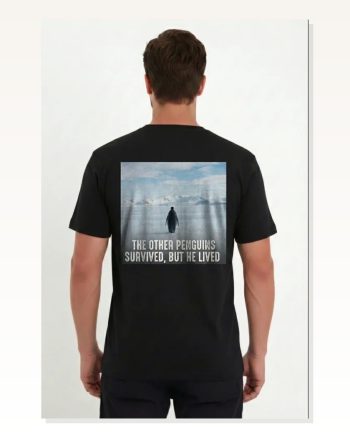 Erkek Sırt Baskılı Günlük Stil Siyah Survivor Penguin Temalı, Felsefi Yazılı Bisiklet Yaka Tişört Oversize