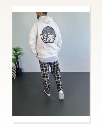 Erkek Baskılı Salaş Stil Oversize Üç İplik Beyaz Ön Kanguru Cepli, Rahat Kalıp, İçi Pamuklu Model Kapüşonlu