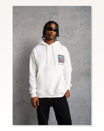 Erkek Baskılı Patel Six Tipografi Beyaz Kapüşonlu Sweatshirt