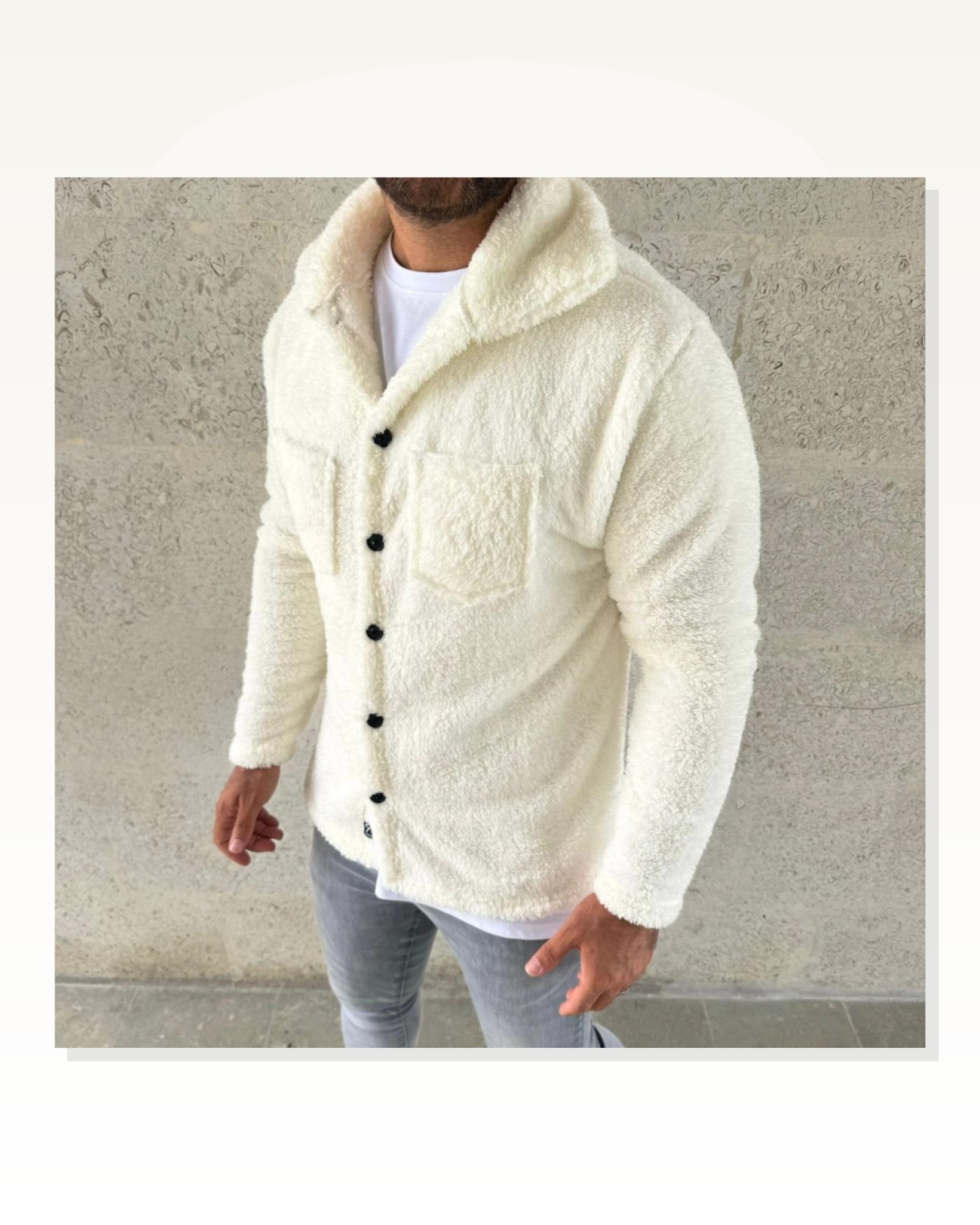 Yumuşak Pelüş Erkek Sıcak Tutan Kar Beyazı Düğmeli Polar Hırka Gömlek Marketplace blank
