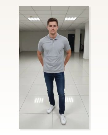 Erkek Gri Pike Kumaş Düğmeli Yaka Regular Fit Günlük Kısa Kol Tişört