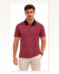 Erkek Pike Kumaş Polo Yaka Desenli Tişört Kısa Kol Yazlık T-shirt Kırmızı