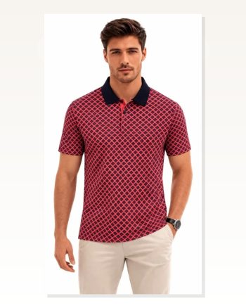 Erkek Pike Kumaş Polo Yaka Desenli Tişört Kısa Kol Yazlık T-shirt Kırmızı