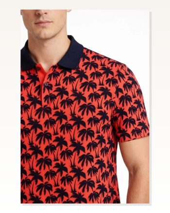 Erkek Pike Kumaş Polo Yaka Palmiye Desenli Tişört Kısa Kol Yazlık T-shirt Kırmızı