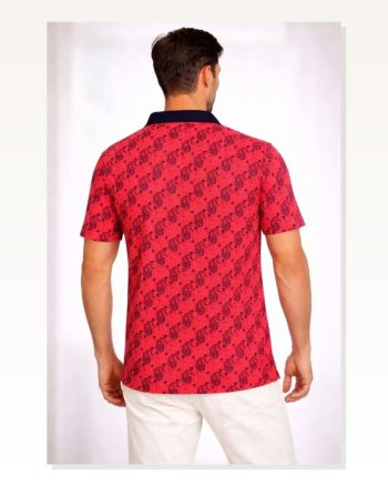 Erkek Pike Kumaş Polo Yaka Palmiye Desenli Tişört Kısa Kol Yazlık T-shirt Kırmızı