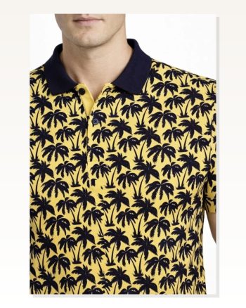 Erkek Pike Kumaş Polo Yaka Palmiye Desenli Tişört Kısa Kol Yazlık T-shirt Sarı