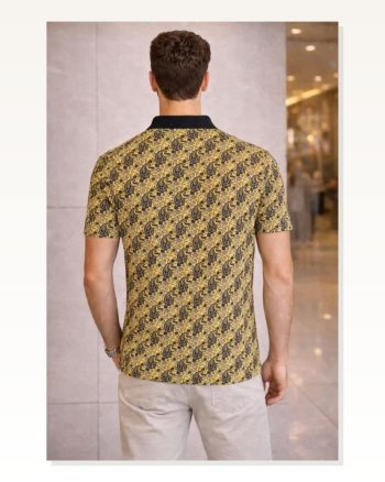 Erkek Pike Kumaş Polo Yaka Palmiye Desenli Tişört Kısa Kol Yazlık T-shirt Sarı
