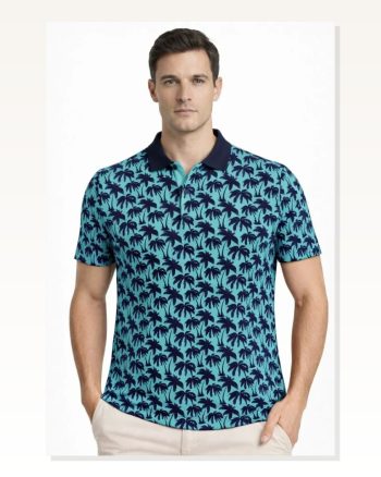 Erkek Pike Kumaş Polo Yaka Palmiye Desenli Tişört Kısa Kol Yazlık T-shirt Turkuaz
