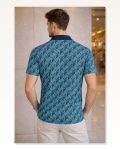 Erkek Pike Kumaş Polo Yaka Palmiye Desenli Tişört Kısa Kol Yazlık T-shirt Turkuaz