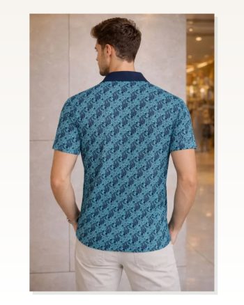 Erkek Pike Kumaş Polo Yaka Palmiye Desenli Tişört Kısa Kol Yazlık T-shirt Turkuaz