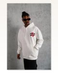 Erkek Şapkalı Güvercin Baskılı Beyaz Kapüşonlu Sweatshirt