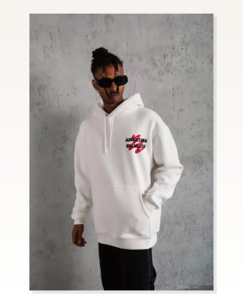 Erkek Şapkalı Güvercin Baskılı Beyaz Kapüşonlu Sweatshirt