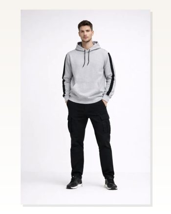 Erkek Salaş Stil Beyaz Şeritli Oversize 3 İplik Pamuklu Kapüşonlu Sweatshirt