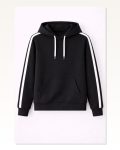Erkek Salaş Stil Siyah Şeritli Oversize 3 İplik Pamuklu Kapüşonlu Sweatshirt