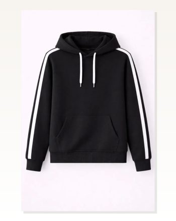 Erkek Salaş Stil Siyah Şeritli Oversize 3 İplik Pamuklu Kapüşonlu Sweatshirt