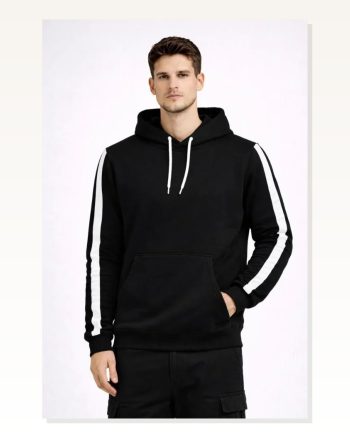 Erkek Salaş Stil Siyah Şeritli Oversize 3 İplik Pamuklu Kapüşonlu Sweatshirt