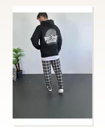 Erkek Sırt Baskılı Sokak Stili Gece Siyahı Üç İplik Kapüşonlu Oversize Sweatshirt