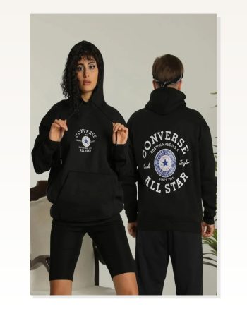 Erkek Sırt Baskılı Salaş Stil Siyah Oversize Üç İplik Kapüşonlu Hoodie Sweatshirt