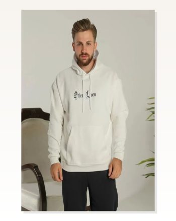 Erkek Üç İplik Şardonlu Sıcak Tutan Beyaz Sırt Baskılı Kapüşonlu Sweatshirt