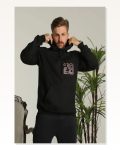 Erkek Sırt Baskılı Salaş Stil Siyah Oversize Üç İplik Kapüşonlu Sweatshirt