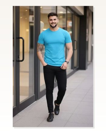 Erkek Açık Mavi Bisiklet Yaka Slim Fit Dar Kesim Likralı Günlük Basic Body Tişört