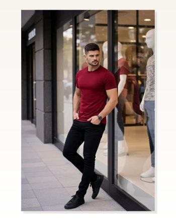Erkek Bordo Bisiklet Yaka Slim Fit Dar Kesim Likralı Günlük Basic Body Tişört