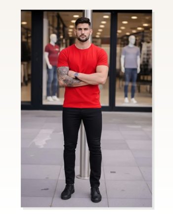 Erkek Kırmızı Bisiklet Yaka Slim Fit Dar Kesim Likralı Günlük Basic Body Tişört