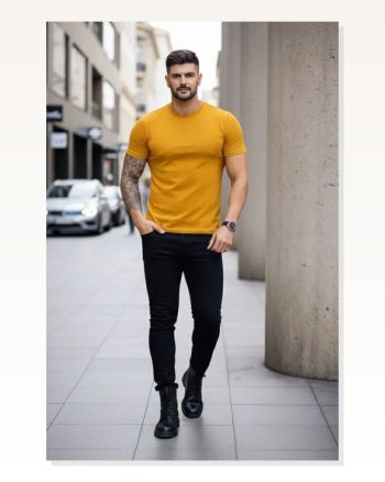 Erkek Limon Bisiklet Yaka Slim Fit Dar Kesim Likralı Günlük Basic Body Tişört