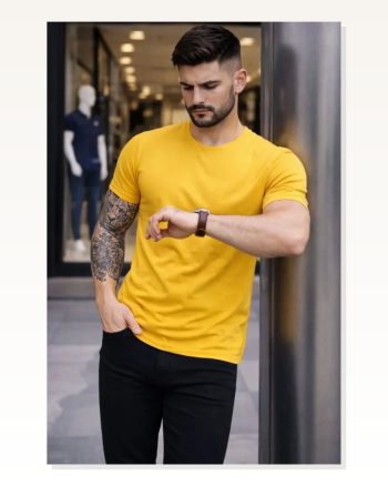Erkek Sarı Bisiklet Yaka Slim Fit Dar Kesim Likralı Günlük Basic Body Tişört