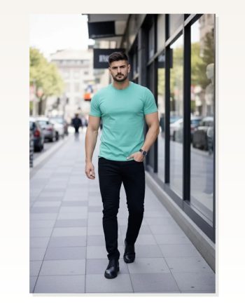 Erkek Turkuvaz Bisiklet Yaka Slim Fit Dar Kesim Likralı Günlük Basic Body Tişört