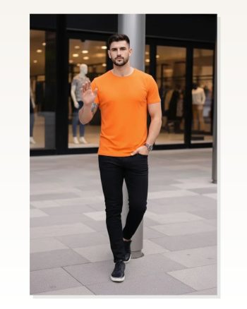 Erkek Turuncu Bisiklet Yaka Slim Fit Dar Kesim Likralı Günlük Basic Body Tişört