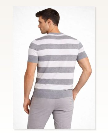 Erkek Günlük Stil Gri Çizgili Triko Dokuma Bisiklet Yaka Tişört