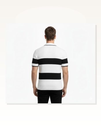Erkek Günlük Stil Beyaz Çizgili Triko Dokuma Kumaş Polo Yaka Yarım Fermuarlı Regular Kalıp Tişört