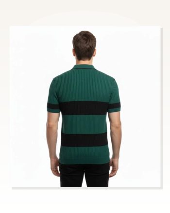 Erkek Günlük Stil Çağla Yeşili Çizgili Triko Dokuma Kumaş Polo Yaka Yarım Fermuarlı Regular Kalıp Tişört