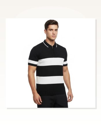 Erkek Günlük Stil Siyah Çizgili Triko Dokuma Kumaş Polo Yaka Yarım Fermuarlı Regular Kalıp Tişört