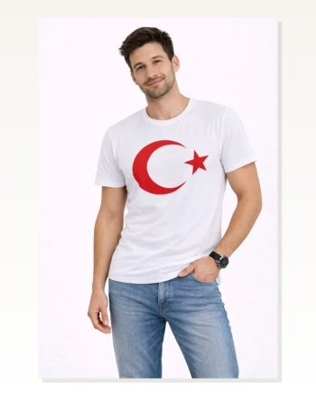 Erkek Baskılı Günlük Stil Beyaz Kısa Kol Bisiklet Yaka Ay Yıldız Bayrak Tişört