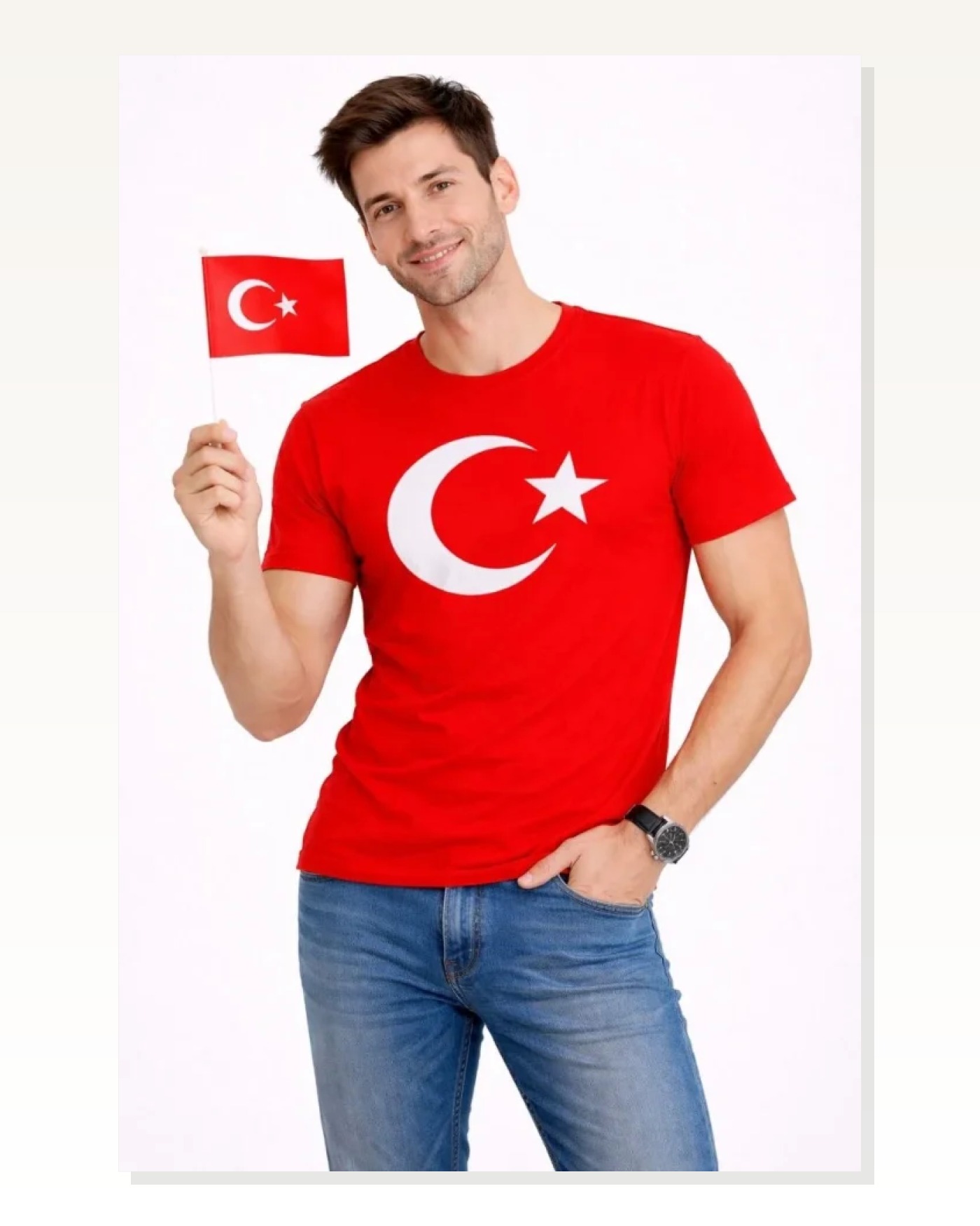 Baskılı Erkek Günlük Stil Kırmızı Kısa Kol Bisiklet Yaka Ay Yıldız Bayrak Tişört Marketplace blank