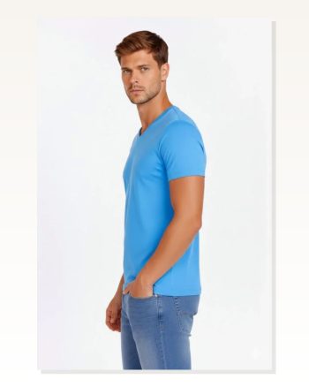 Erkek Açık Mavi V Yaka Slim Fit Dar Kesim Likralı Günlük Basic Body Tişört