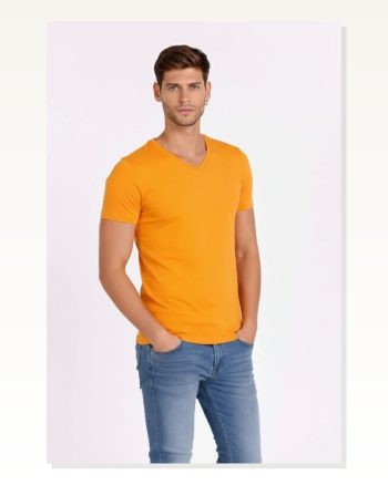 Erkek Sarı V Yaka Slim Fit Dar Kesim Likralı Günlük Basic Body Tişört