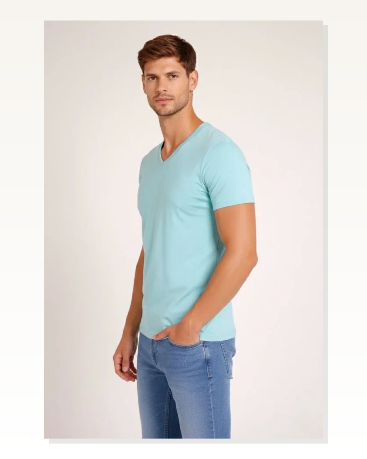 Erkek Turkuvaz V Yaka Slim Fit Dar Kesim Likralı Günlük Basic Body Tişört Marketplace blank